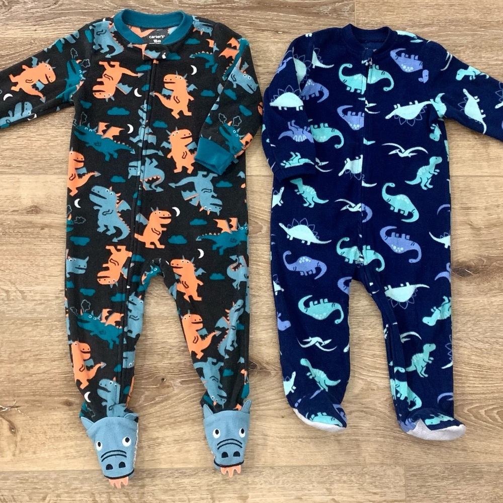 Two 18 Month Toddler Boys Onesie Zip-down Footie Fleece Pajamas Set